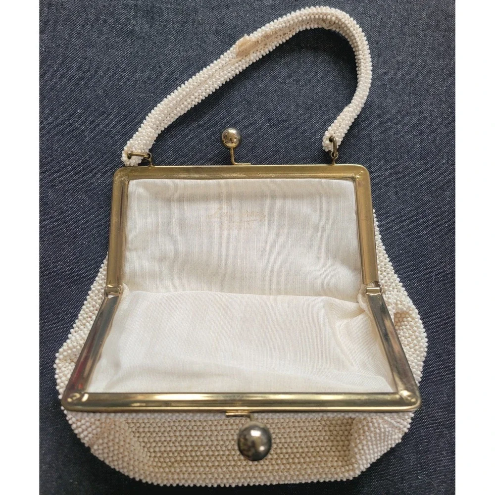 Vintage 50s 60s Corde Lumured Bead White Ivory Kisslock‎ Handbag Purse